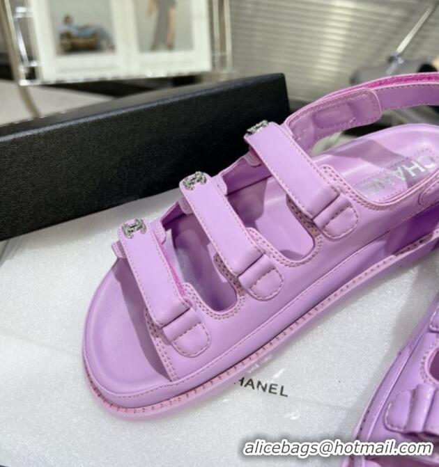 Low Price Chanel Lambskin Flat Sandals with Triple Straps and Crystals CC Purple 423044