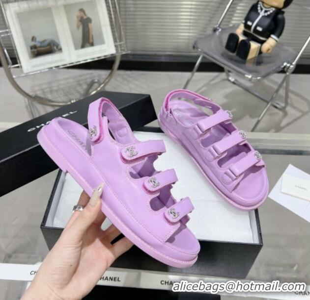 Low Price Chanel Lambskin Flat Sandals with Triple Straps and Crystals CC Purple 423044