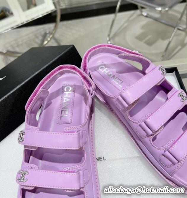 Low Price Chanel Lambskin Flat Sandals with Triple Straps and Crystals CC Purple 423044