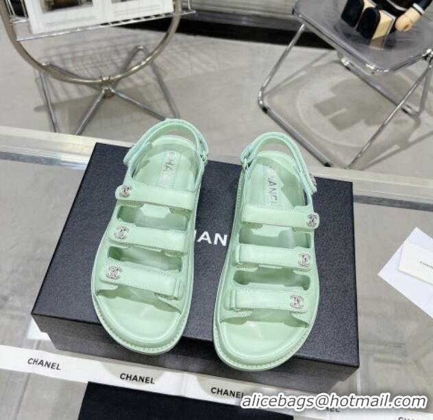 Best Price Chanel Lambskin Flat Sandals with Triple Straps and Crystals CC Light Green 423045