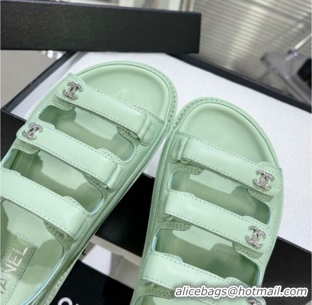 Best Price Chanel Lambskin Flat Sandals with Triple Straps and Crystals CC Light Green 423045