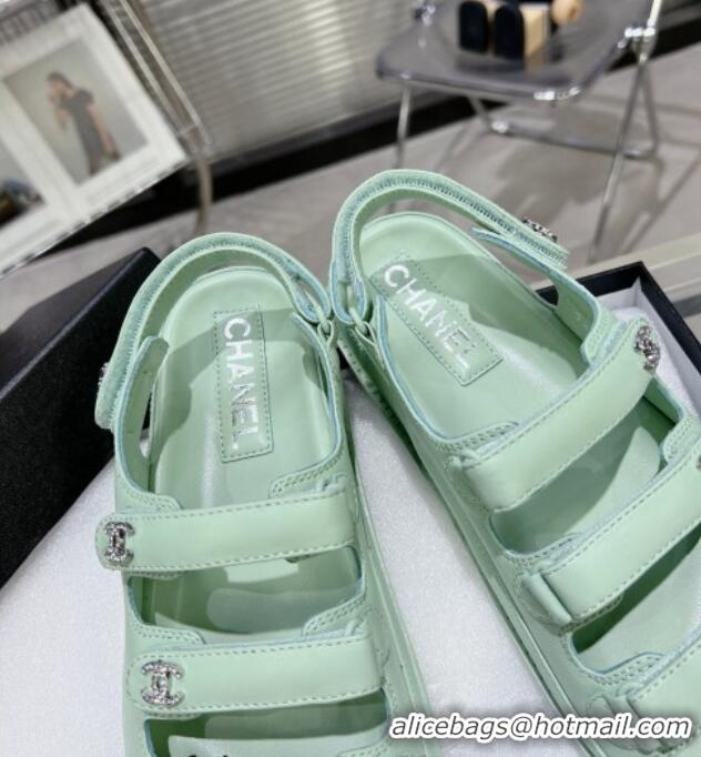 Best Price Chanel Lambskin Flat Sandals with Triple Straps and Crystals CC Light Green 423045