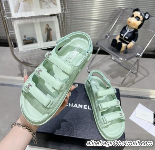 Best Price Chanel Lambskin Flat Sandals with Triple Straps and Crystals CC Light Green 423045