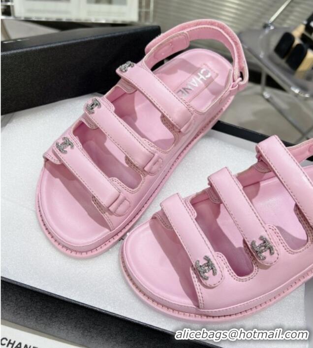 Top Grade Chanel Lambskin Flat Sandals with Triple Straps and Crystals CC Pink 0423046