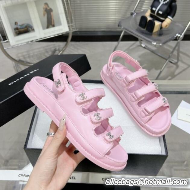 Top Grade Chanel Lambskin Flat Sandals with Triple Straps and Crystals CC Pink 0423046