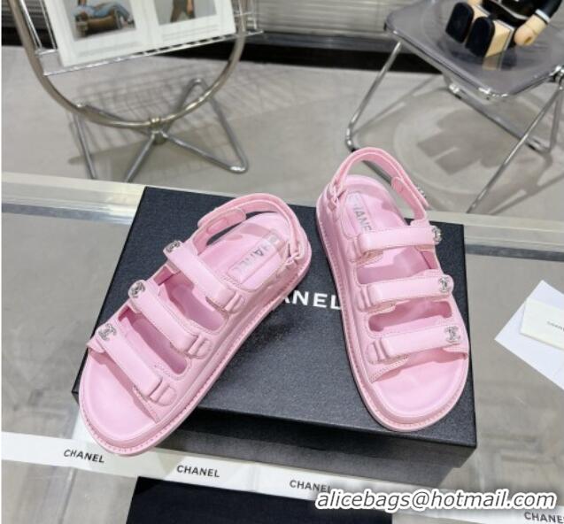 Top Grade Chanel Lambskin Flat Sandals with Triple Straps and Crystals CC Pink 0423046