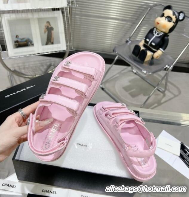 Top Grade Chanel Lambskin Flat Sandals with Triple Straps and Crystals CC Pink 0423046