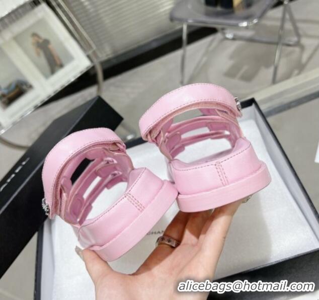 Top Grade Chanel Lambskin Flat Sandals with Triple Straps and Crystals CC Pink 0423046