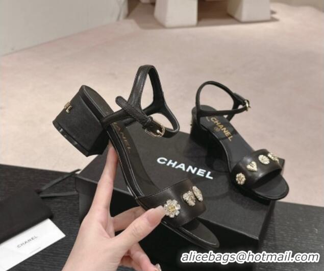 Durable Chanel Lambskin Heel Sandals 4.5 with Crystals Charm Black 423047