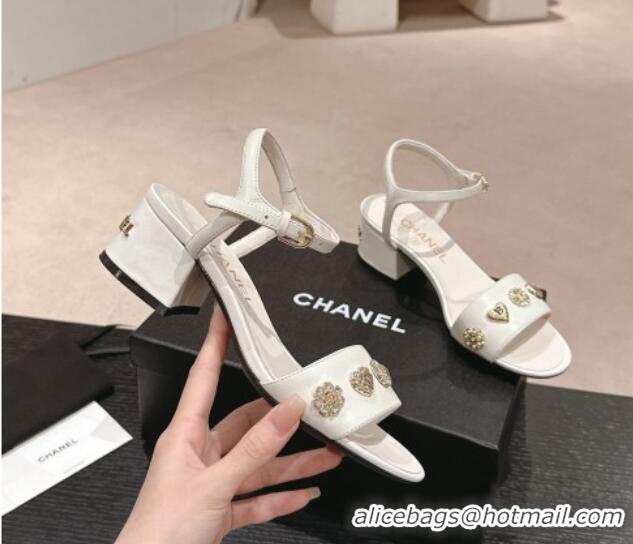 Unique Style Chanel Lambskin Heel Sandals 4.5 with Crystals Charm White 0423048