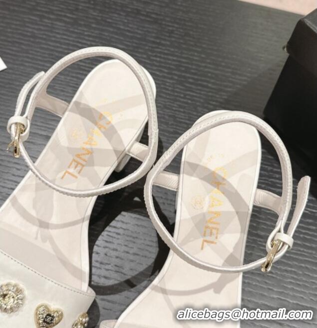 Unique Style Chanel Lambskin Heel Sandals 4.5 with Crystals Charm White 0423048