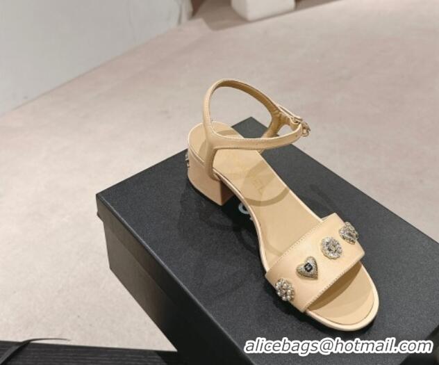 Best Product Chanel Lambskin Heel Sandals 4.5 with Crystals Charm Beige 423049