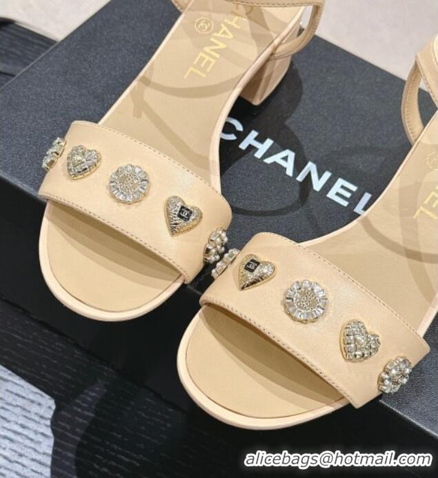 Best Product Chanel Lambskin Heel Sandals 4.5 with Crystals Charm Beige 423049