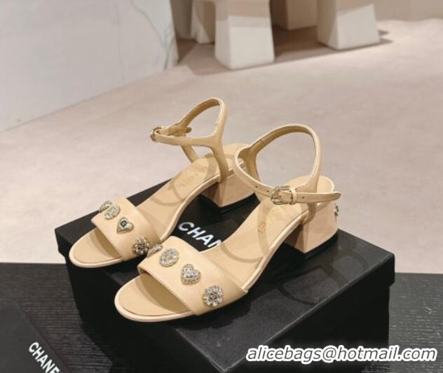 Best Product Chanel Lambskin Heel Sandals 4.5 with Crystals Charm Beige 423049