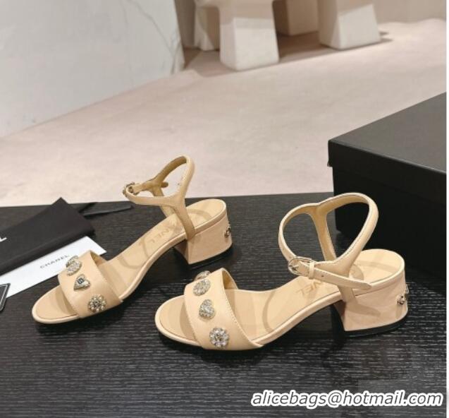 Best Product Chanel Lambskin Heel Sandals 4.5 with Crystals Charm Beige 423049