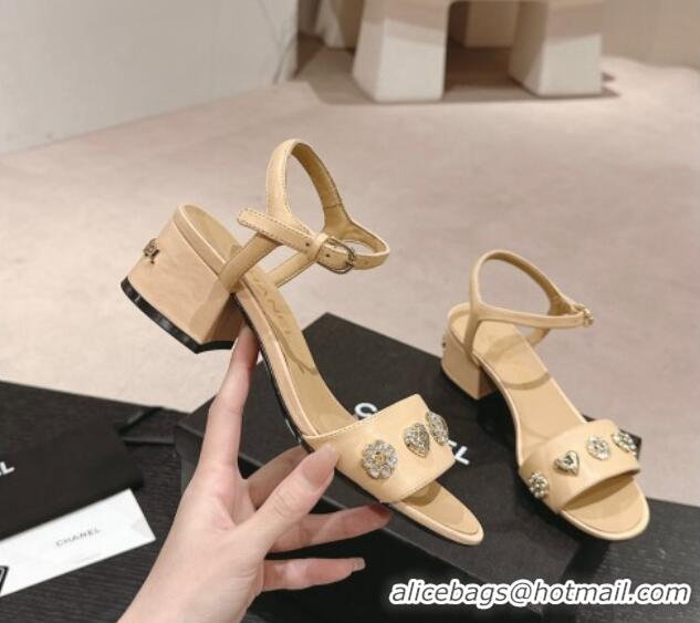 Best Product Chanel Lambskin Heel Sandals 4.5 with Crystals Charm Beige 423049