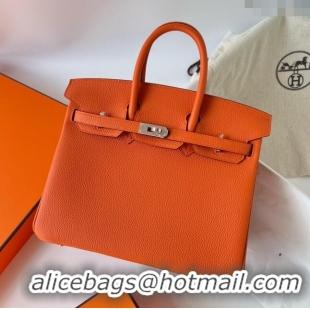 Buy Inexpensive Hermes Birkin 25cm Bag in Original Togo Leather HB025 Orange/Silver (Pure Handmade)