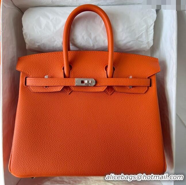 Buy Inexpensive Hermes Birkin 25cm Bag in Original Togo Leather HB025 Orange/Silver (Pure Handmade)