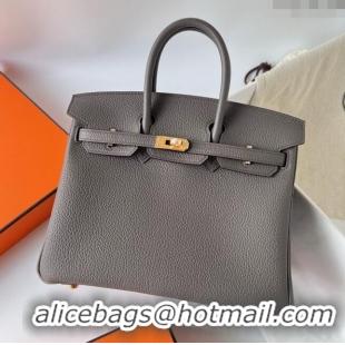 Luxurious Hermes Birkin 25cm Bag in Original Togo Leather HB025 Tinware Grey/Gold (Pure Handmade)