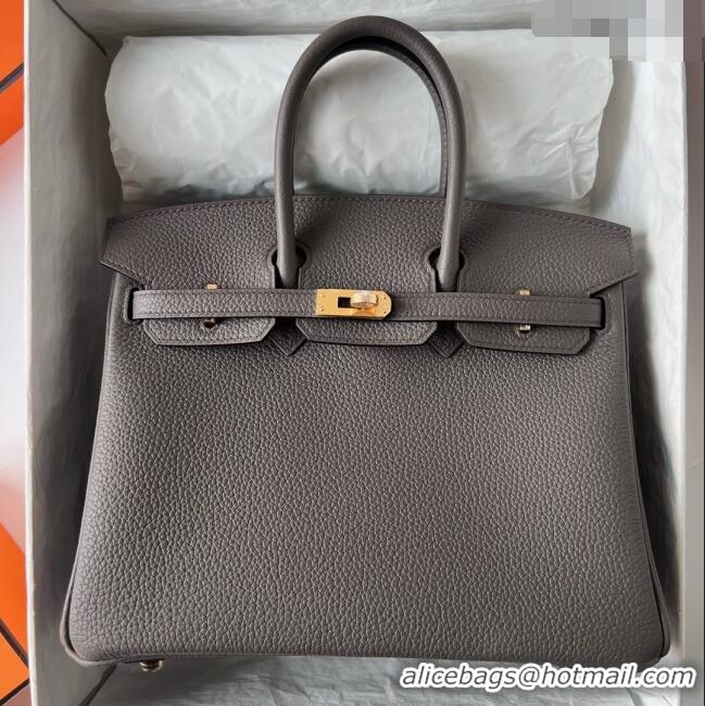 Luxurious Hermes Birkin 25cm Bag in Original Togo Leather HB025 Tinware Grey/Gold (Pure Handmade)