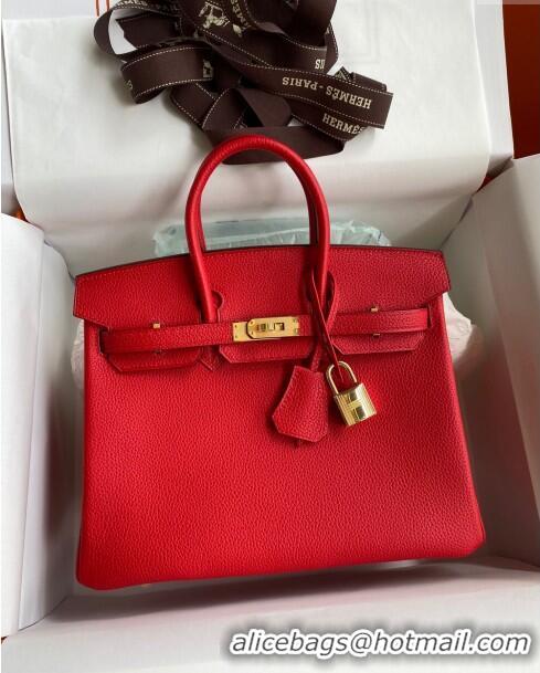 Modern Classic Hermes Birkin 25cm Bag in Original Togo Leather HB025 Red/Gold (Pure Handmade)