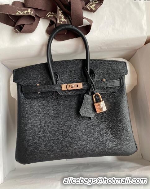 Top Design Hermes Birkin 25cm Bag in Original Togo Leather HB025 Black/Pink Gold (Pure Handmade)