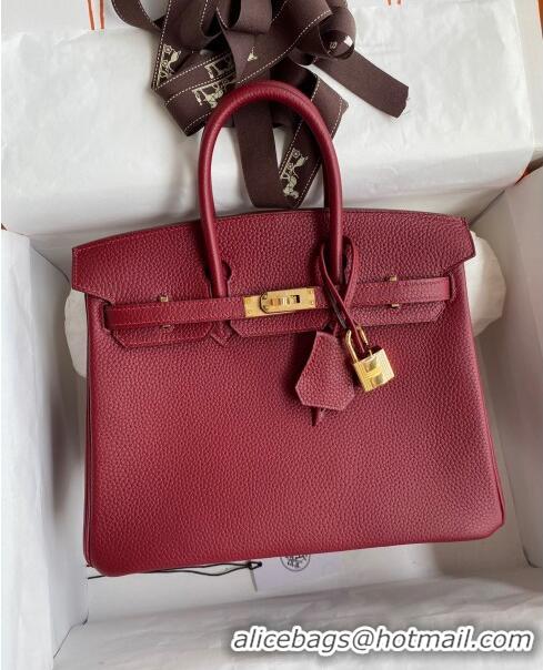 Classic Discount Hermes Birkin 25cm Bag in Original Togo Leather HB025 Burgundy/Gold (Pure Handmade)