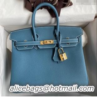 Buy Luxurious Hermes Birkin 25cm Bag in Original Togo Leather HB025 Denim Blue/Gold (Pure Handmade)