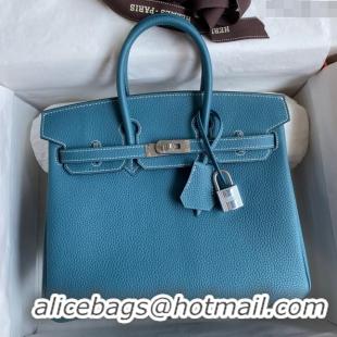 Grade Quality Hermes Birkin 25cm Bag in Original Togo Leather HB025 Denim Blue/Silver (Pure Handmade)