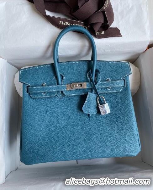 Grade Quality Hermes Birkin 25cm Bag in Original Togo Leather HB025 Denim Blue/Silver (Pure Handmade)