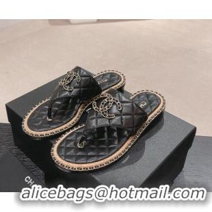 Pretty Style Chanel Quilted Lambskin Flat Thong Slide Sandals with Chain CC Black 423053