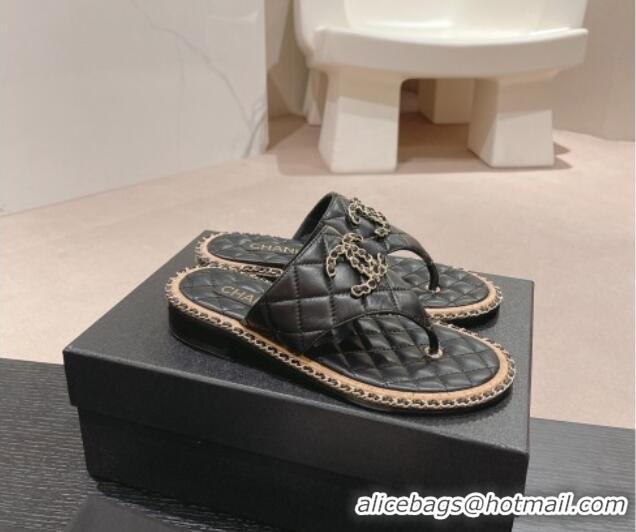 Pretty Style Chanel Quilted Lambskin Flat Thong Slide Sandals with Chain CC Black 423053