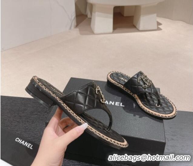 Pretty Style Chanel Quilted Lambskin Flat Thong Slide Sandals with Chain CC Black 423053