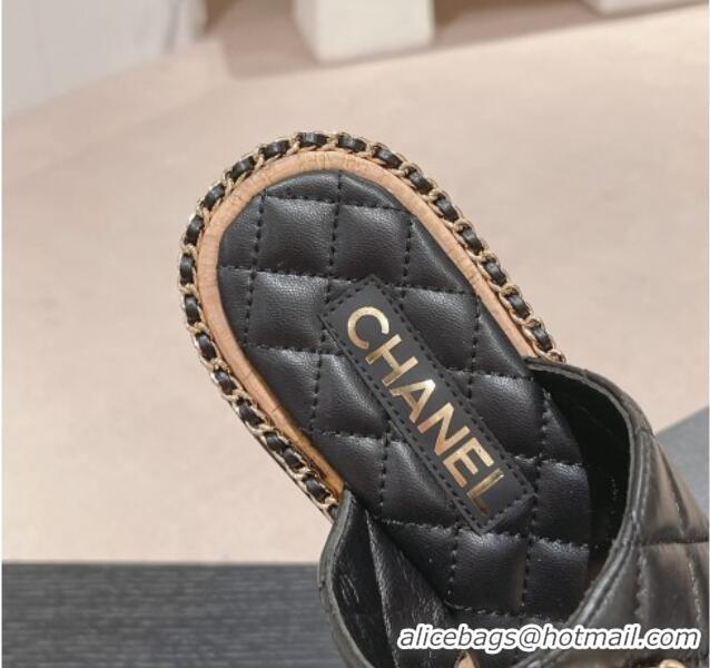 Pretty Style Chanel Quilted Lambskin Flat Thong Slide Sandals with Chain CC Black 423053