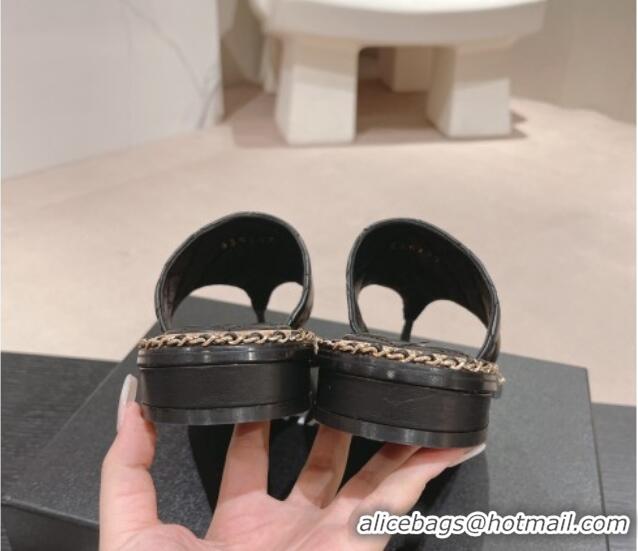 Pretty Style Chanel Quilted Lambskin Flat Thong Slide Sandals with Chain CC Black 423053