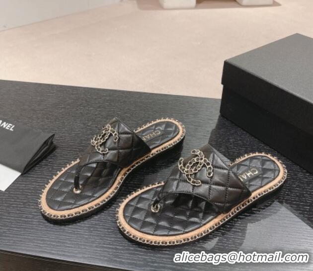 Pretty Style Chanel Quilted Lambskin Flat Thong Slide Sandals with Chain CC Black 423053