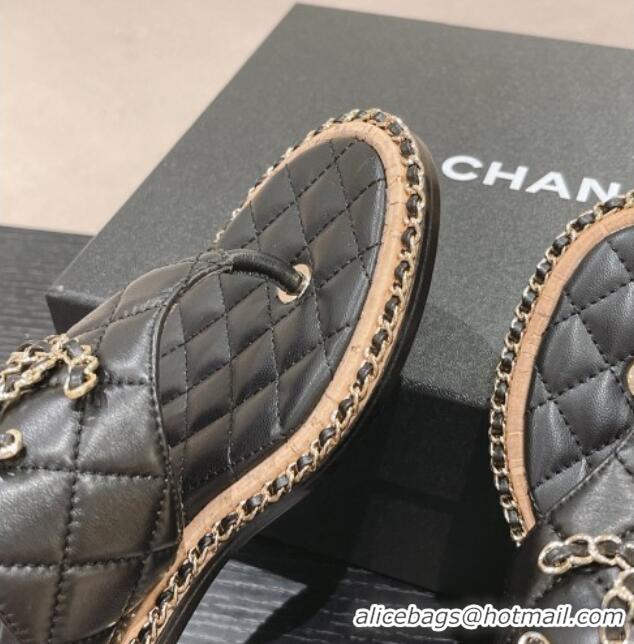 Pretty Style Chanel Quilted Lambskin Flat Thong Slide Sandals with Chain CC Black 423053