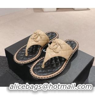 Classic Hot Chanel Quilted Lambskin Flat Thong Slide Sandals with Chain CC Beige 423054