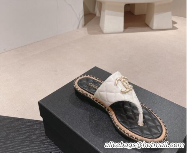 Unique Style Chanel Quilted Lambskin Flat Thong Slide Sandals with Chain CC White 423055