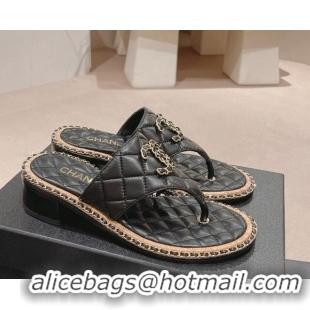 Best Price Chanel Quilted Lambskin Heel Thong Slide Sandals 4cm with Chain CC Black 423056