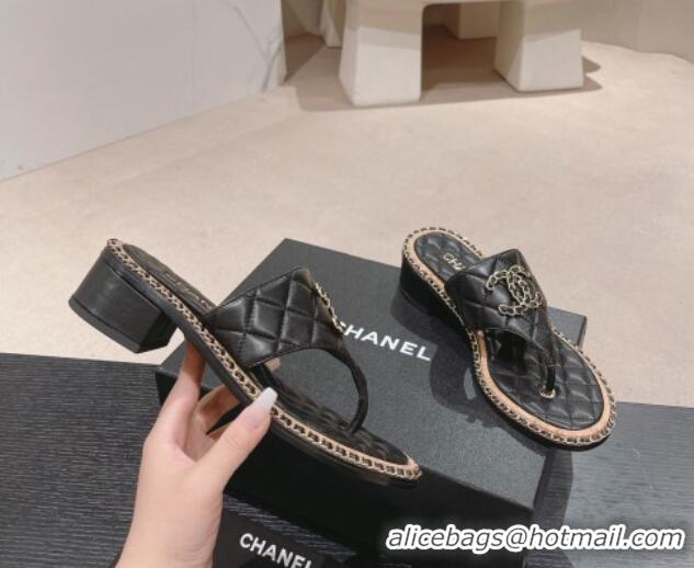 Best Price Chanel Quilted Lambskin Heel Thong Slide Sandals 4cm with Chain CC Black 423056