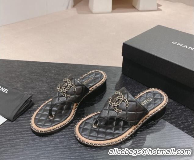 Best Price Chanel Quilted Lambskin Heel Thong Slide Sandals 4cm with Chain CC Black 423056