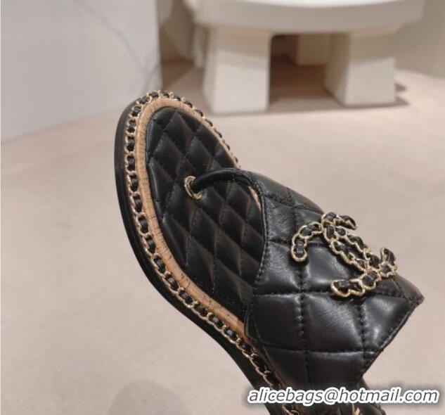 Best Price Chanel Quilted Lambskin Heel Thong Slide Sandals 4cm with Chain CC Black 423056