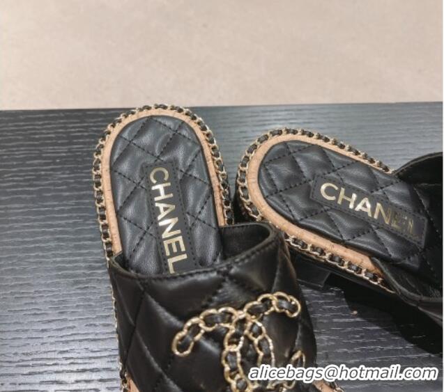 Best Price Chanel Quilted Lambskin Heel Thong Slide Sandals 4cm with Chain CC Black 423056