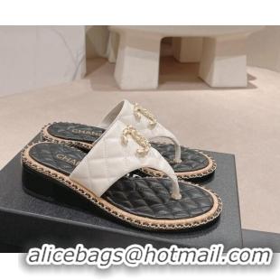 Good Quality Chanel Quilted Lambskin Heel Thong Slide Sandals 4cm with Chain CC White 423057