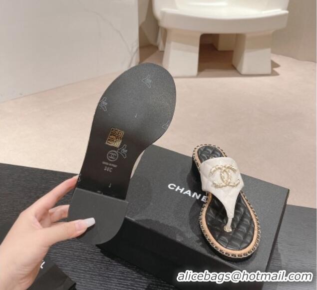 Good Quality Chanel Quilted Lambskin Heel Thong Slide Sandals 4cm with Chain CC White 423057