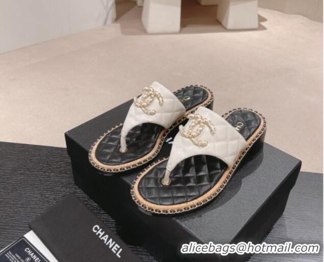 Good Quality Chanel Quilted Lambskin Heel Thong Slide Sandals 4cm with Chain CC White 423057