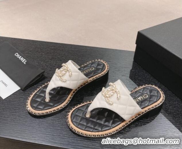 Good Quality Chanel Quilted Lambskin Heel Thong Slide Sandals 4cm with Chain CC White 423057