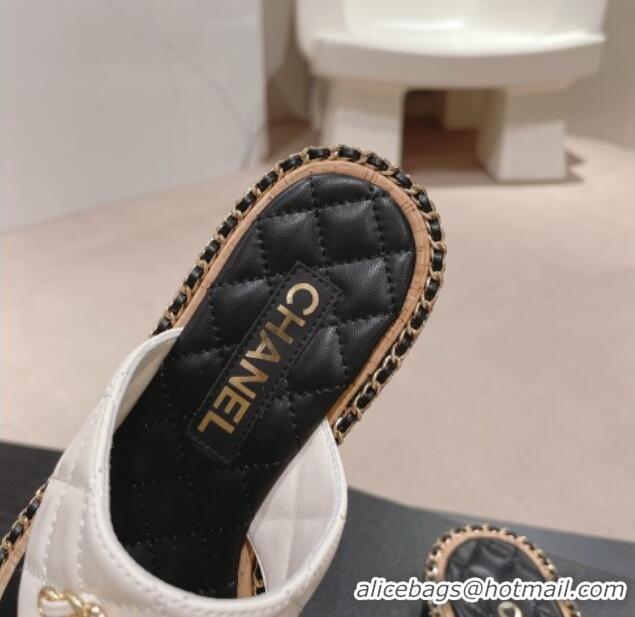 Good Quality Chanel Quilted Lambskin Heel Thong Slide Sandals 4cm with Chain CC White 423057