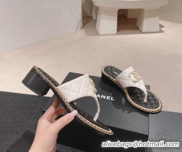 Good Quality Chanel Quilted Lambskin Heel Thong Slide Sandals 4cm with Chain CC White 423057